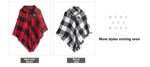 Detail of plaid ponchos with horn buttons and fringes in red, black, and white colors
