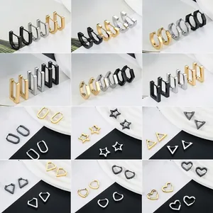 Minimalist Stainless Steel Geometric Hoop Earrings Star Heart Hexagon Rectangle Triangle Polished Unisex Huggie Jewelry