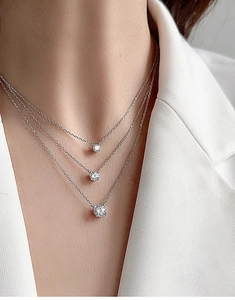Macro shot of triple-layered S925 silver necklace with round moissanite on white blazer