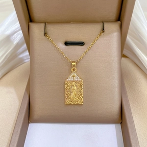 Virgin Mary Pendant Necklace Gold Tone Stainless Steel Chain Copper Zircon Religious Rectangular Medal Jewelry For Women