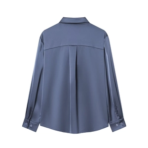 Women's blue-gray satin long sleeve blouse with elegant back pleat and glossy finish