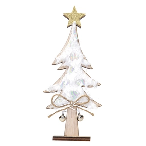 Detail of wooden Christmas tree decor with white faux fur, gold star and metal bell