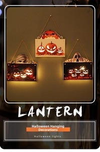 Close-up of LED Halloween hanging signs featuring pumpkin, ghost, and mummy motifs
