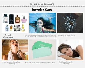 Jewelry care guide for S925 sterling silver earrings showing maintenance tips and precautions