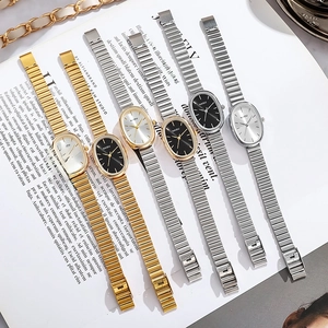 Detail shot of NAIDU oval quartz watches with stainless steel bracelets in multiple colors
