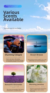 Car aromatherapy set showing Cologne, Ocean, Jasmine and Floral scents with intensity levels