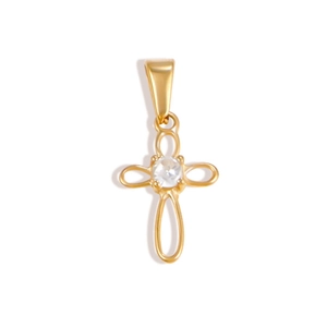Detail view of a 24K gold-plated hollow cross pendant with a central sparkling gemstone
