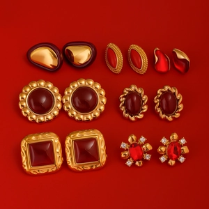 Collection of eight pairs of vintage gold-tone earrings with red resin and agate stones