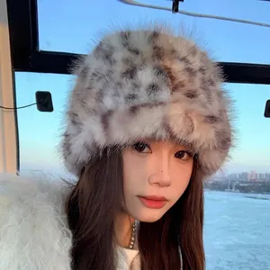 Leopard print faux fur bucket hat for women in warm beige with thick plush lining