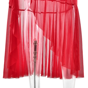 Detailed close-up of red pleated mesh skirt with layered ruffles and irregular hemline