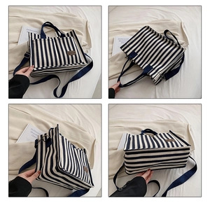 Detailed four-angle view of blue and white striped canvas tote with adjustable strap