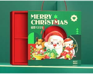 Detail of Christmas drawer gift box with Santa illustrations and MERRY CHRISTMAS text