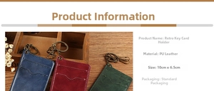 Detail of vintage PU leather ID card holders in red, blue, and green with keychains