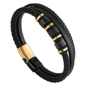 Braided black leather bracelet with magnetic gold-plated stainless steel clasp for men