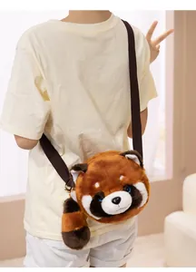 Detail of cute plush raccoon crossbody bag with soft faux fur and adjustable brown strap
