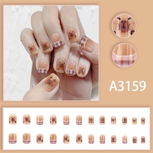 Cute Capybara cartoon press-on nails with plaid patterns in short square shape