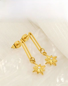 Detail of 18K gold plated paperclip chain earrings with a starburst zircon pendant