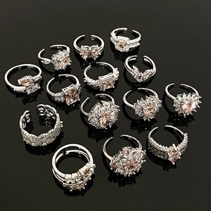 14-piece silver color ring set with pink flower heart zircon for adjustable fit