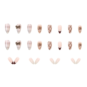 Faux ongles amande à carreaux marron avec nœuds 3D et dégradé français lot de 24