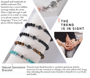 Detail of beaded bracelets with tiger eye stones and 100 languages projection bead