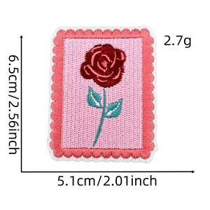 Detailed embroidery patch showing dimensions 6.5x5.1cm and rose flower texture