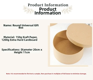 Detail of round kraft paper gift box showing 150g material and 20x11cm dimensions