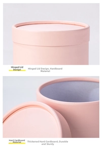 Detail of pink round flower box featuring two-piece lid design and thick cardboard texture