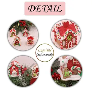 Handcrafted Christmas gingerbread house figurines with festive snow and candy details