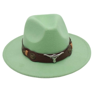 Close-up of brown leather band with silver bull head metal accessories on green felt hat