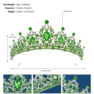 Detail of silver bridal crown with green rhinestones and precise dimensions shown