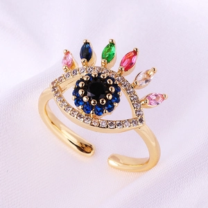 Evil Eye Ring Gold Plated Brass Colorful Cubic Zirconia Open Adjustable Fashion Jewelry For Women Ins Style