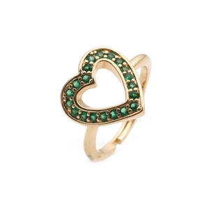 Hollow heart-shaped open ring in gold plating with micro-pave green zircon stones