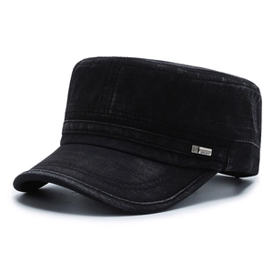 Classic black washed cotton flat top army cap with vintage texture and metal S Sport logo