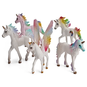 Set of 5 colorful unicorn animal figurines with rainbow manes and wings for kids