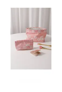 Pink floral cotton linen makeup bag set with H&R embroidery label for travel storage