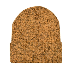 Fashionable mixed orange and black heathered knit beanie with cuff for outdoor warmth