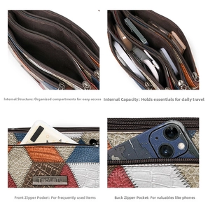 Detail view of multi-layered zipper compartments in color-block crossbody bag