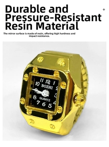 Detail of square gold ring watch featuring a black dial and iconic screw bezel design