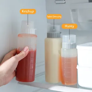 Transparent 250ml squeeze condiment bottle with 5-hole lid and clear measurement scales