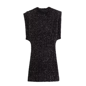 Elegant sleeveless black sequin mini dress with a high neck and padded shoulders
