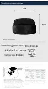 Size chart for winter thermal faux fur hat with dimensions 31x16.5cm and head guide