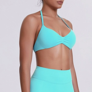 Detail of teal halter neck sports bra showing ribbed texture and ruching at chest area