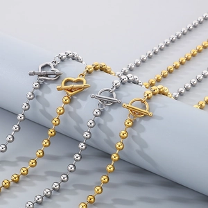 Polished stainless steel ball chain necklaces with heart and round OT toggle clasps