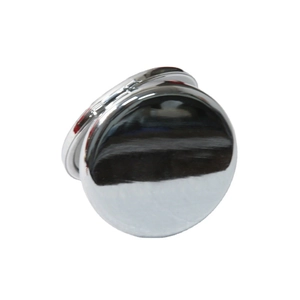 Polished round stainless steel folding makeup mirror with high reflective surface on white background