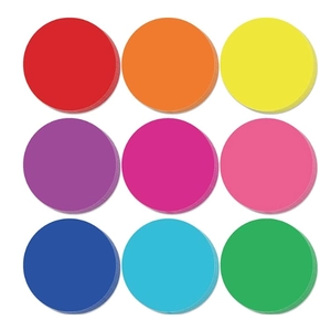 Detail view showing 9 colors of round textured floor markers in a professional 3x3 grid layout