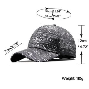 Unisex PU leather baseball cap with skull pattern showing size measurements and dimensions