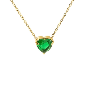 Detail of a green heart-shaped gemstone pendant with a gold-plated stainless steel chain