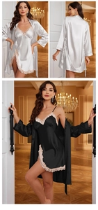 Spitzendetails am Satin-Nachthemd und passendem Bademantel-Set für Damen Mode