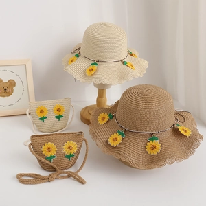 Set Cappello Di Paglia E Borsa Girasole Per Bambini Carta Intrecciata Protezione Solare Tesa Ondulata Accessori Da Spiaggia Estate Per Ragazze