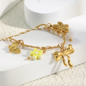 18K gold plated bead chain and woven rope bracelet with floral butterfly charms